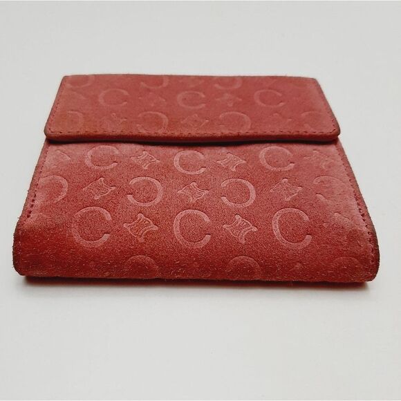 CELINE Vintage C Macadam Logo Pink Genuine Suede Leather Square Triomphe Wallet - Picture 2 of 16